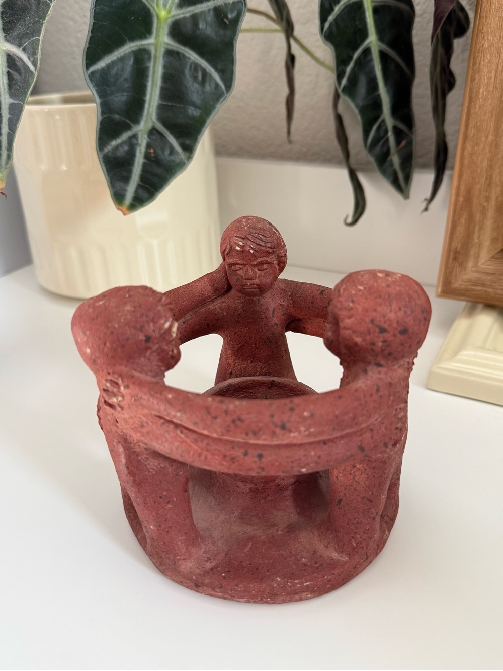 Vintage Red Terracotta Circle of Friends Three Figurine Candle Holder